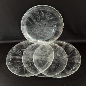 Set of 4 Dinner Arcoroc Canterbury Glass Plates, Detailed Embossing, Vintage Embossed Plates, Great Used Condition No Chips or Cracks.