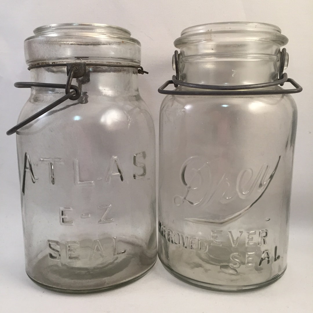 2 Vintage Mason Jars Without Lids, Large Size, Atlas EZ Seal and Drey