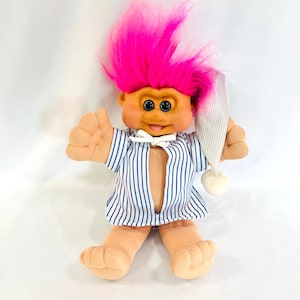 1991 ITB Troll Doll, Pink Hair, Night Shirt and Cap, Large Stuffed Troll Doll by ITB, Made in China