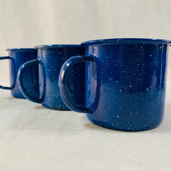 Set of 3 Enamelware Cups, Blue with White Speckled, Camping Cups, Enamelware Camping Coffee Mugs/Cups