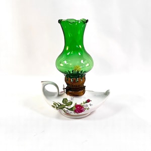 Small Ceramic Oil Lamp with Stem Rose Print and Clear Green Glass Shade 6-1/4&quot; Tall