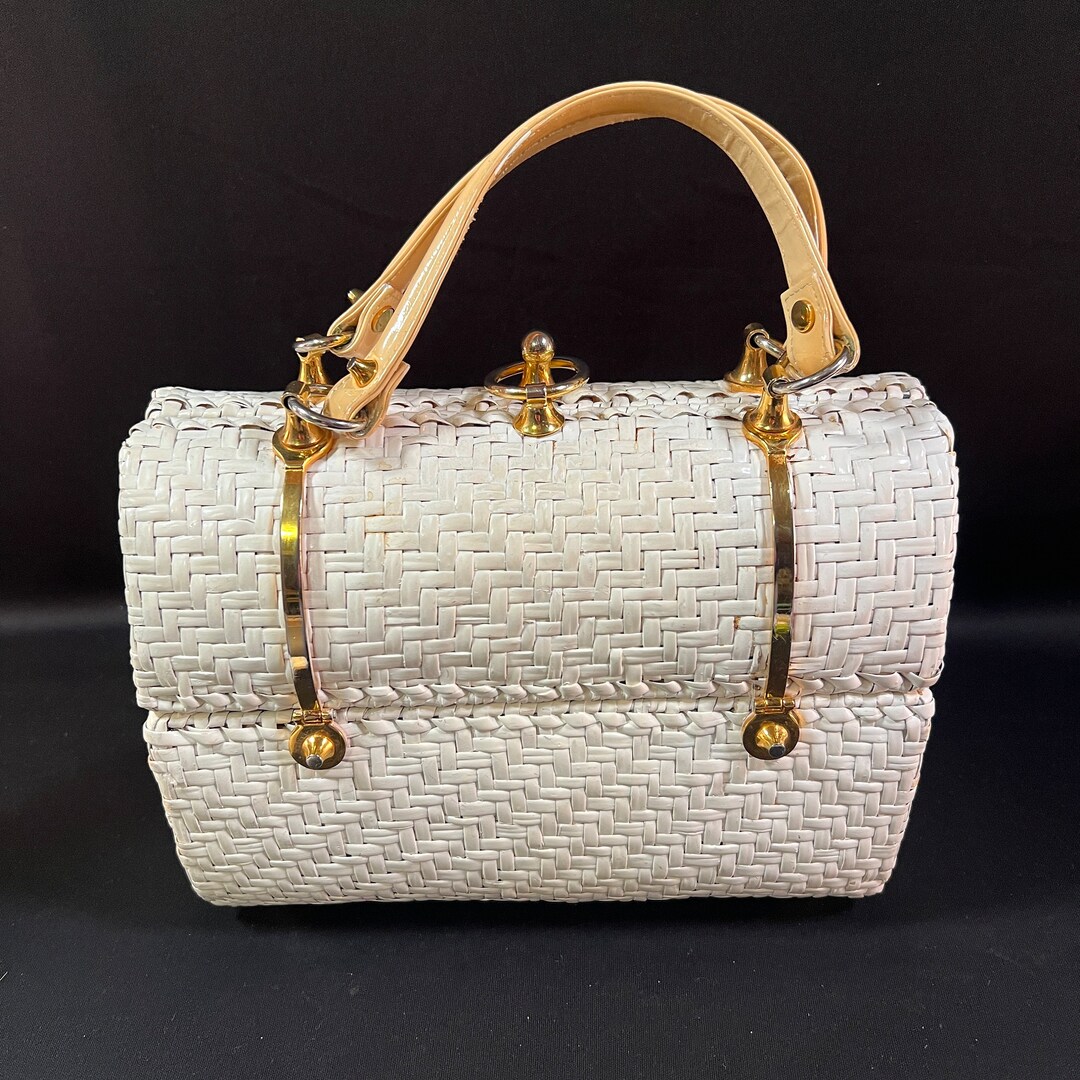 RODO Italian White Wicker Hardshell Handbag, Double Handle, Unique Clasp Closure, Gold Metal