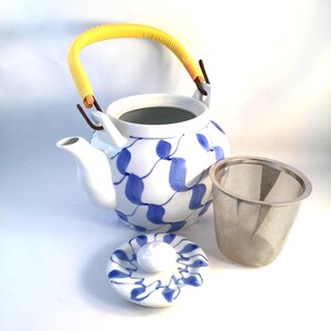 Asian Stoneware Tea Pot Wicker Style Handle and Screen Insert, Beautiful Pattern Blue and White, Authentic Asian Tea Pot, Clean Inside/Out