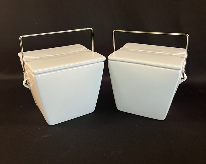 Set of Two White Ceramic Takeout Box Containers Complete With Lids and