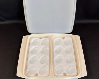 Tupperware Devil Egg Storage Container 2 Removable Trays, Hold 16 Deviled Egg Halves, Retro Tan Tupperware Egg Holder