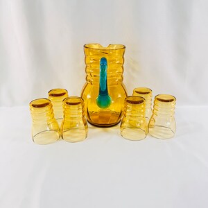 Antique Pitcher and Glasses Set, 7 Pieces Total, Beautiful Amber Gold Pitcher with Turquoise Handle, Ripple Design on Pitcher and Glasses image 4
