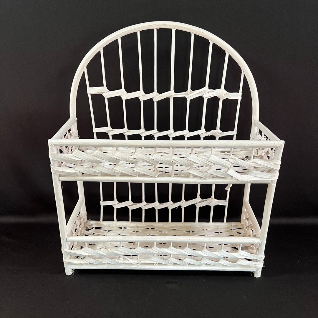 Vintage White Wicker Shelf Unit, Two Shelves, 1970's Retro, 173/4 Tall