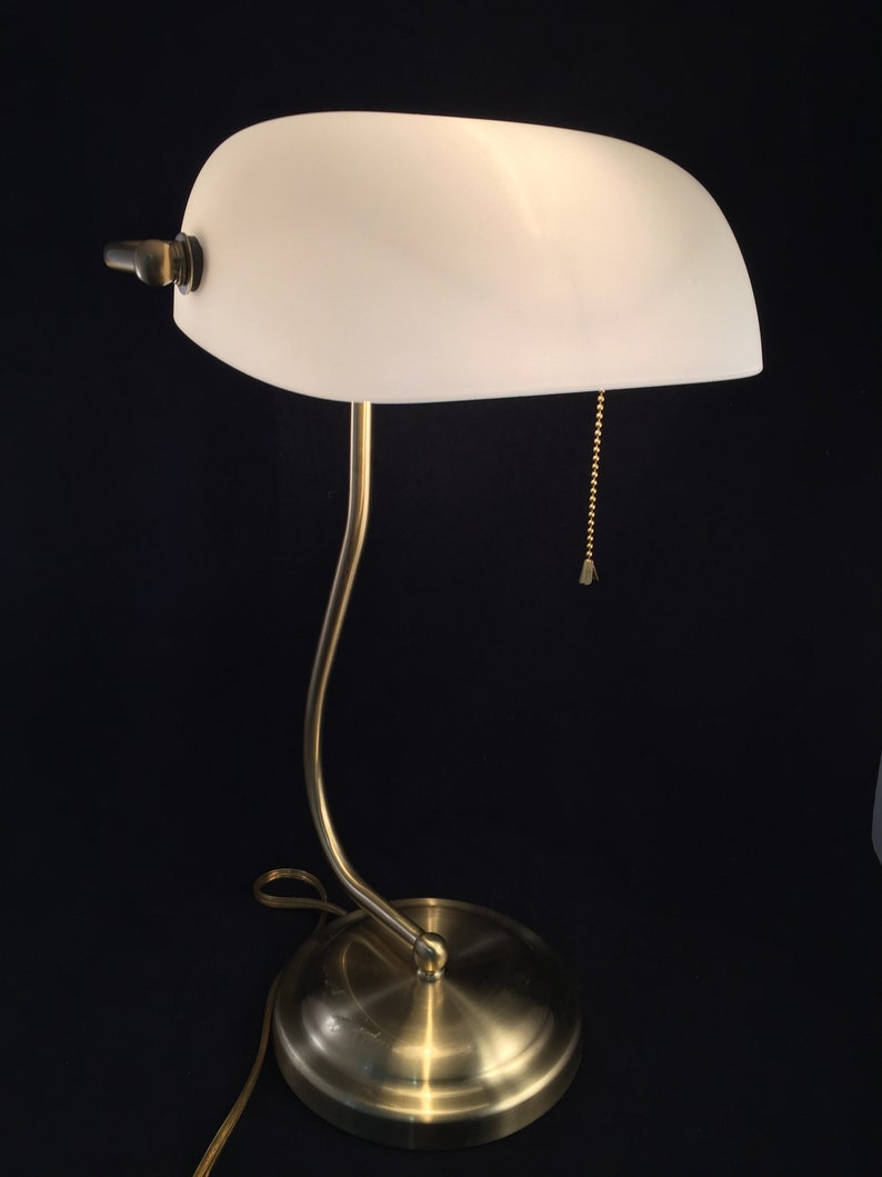 Vintage Banker Desk Lamp Frosted White Glass Shade Brass Stand Extra Large Arm Swivel Pull Chain Switch