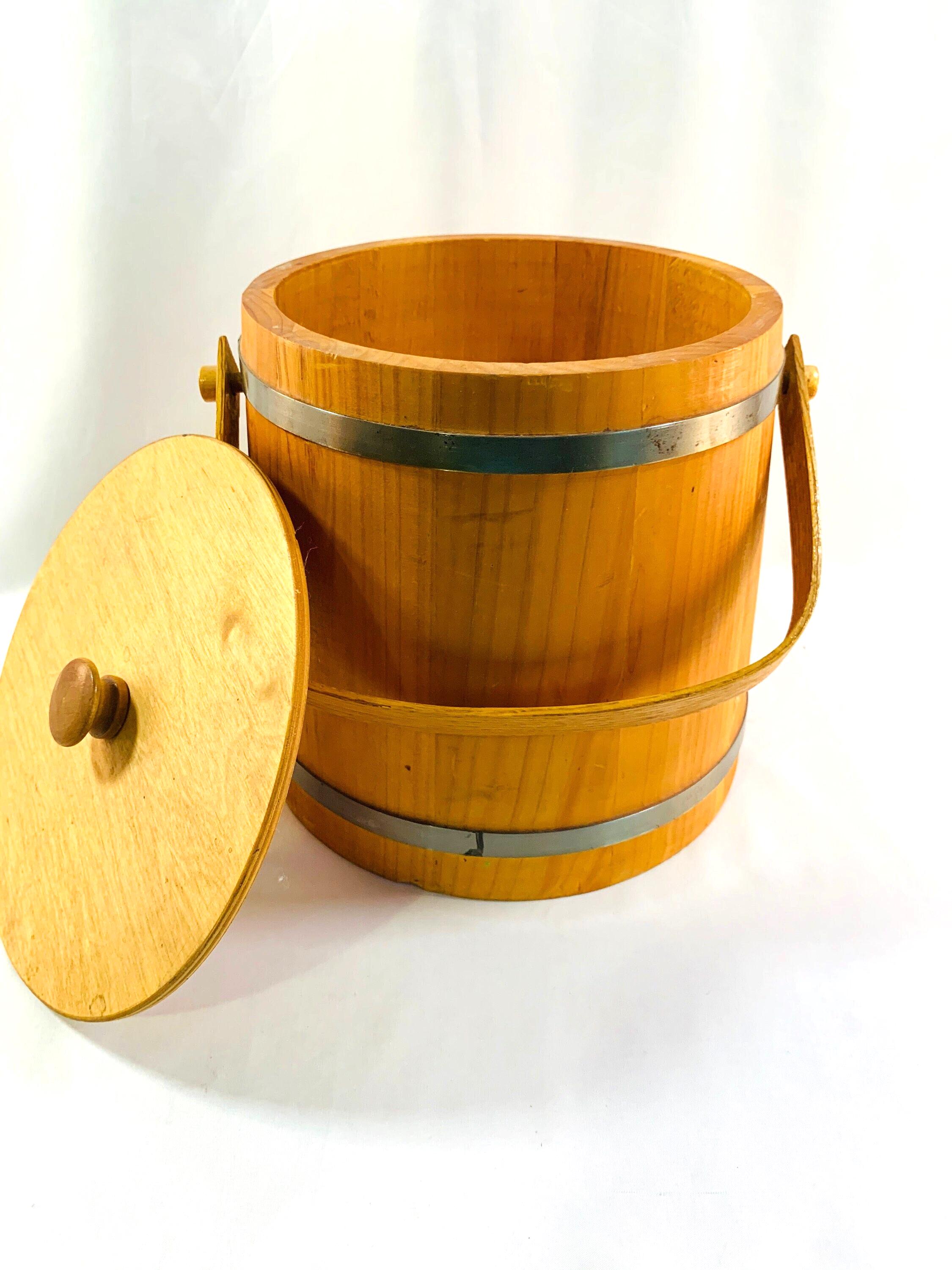 Firkin Wood Barrel Bucket With Handle and Lid, Features 2 Metal Bands ...