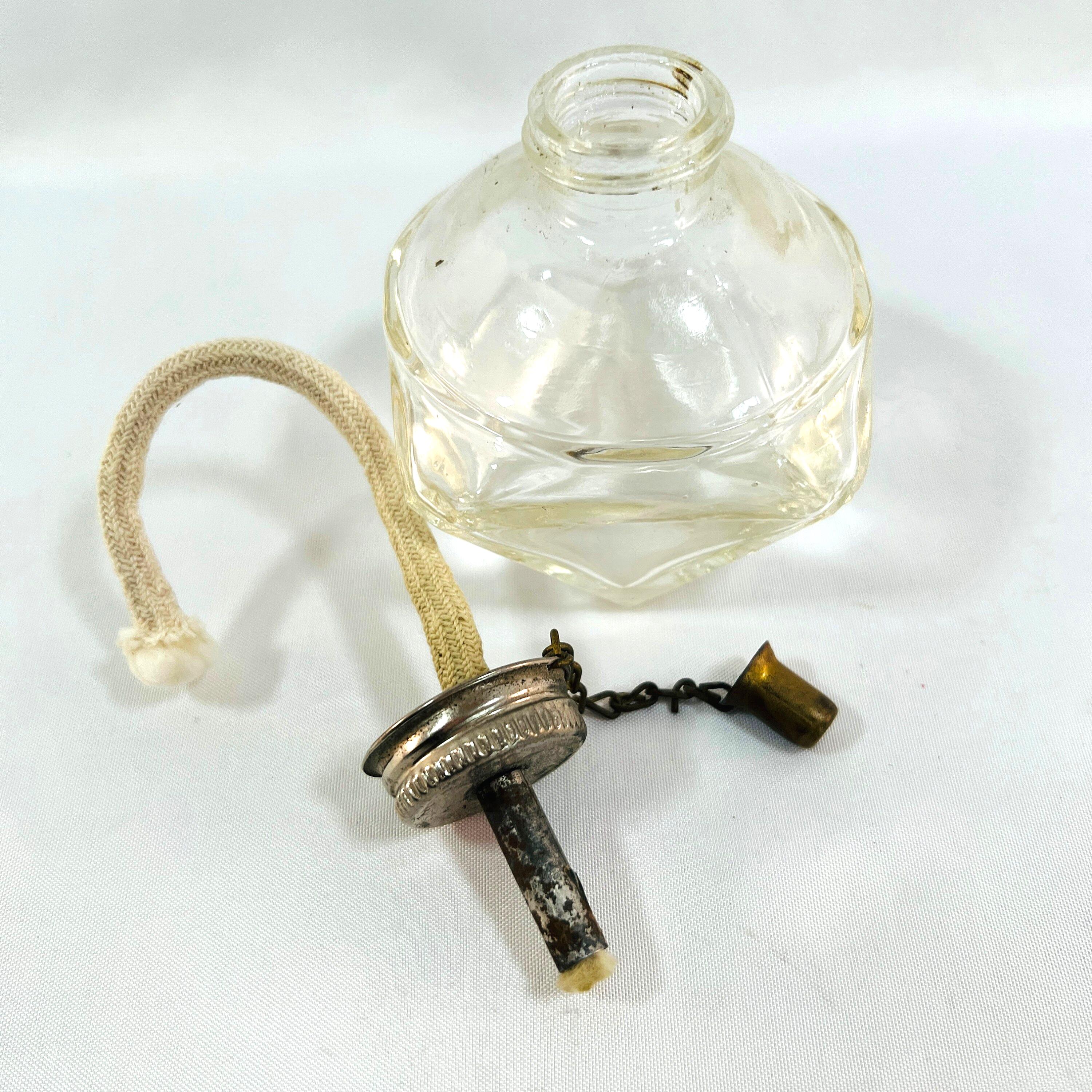 Antique Alcohol Lamp with Wick, Screw on Metal Lid with Cap