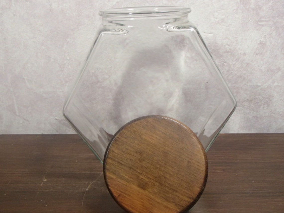 1970's Hexagon Glass Jar with Wood Lid Cookies Candy Etsy