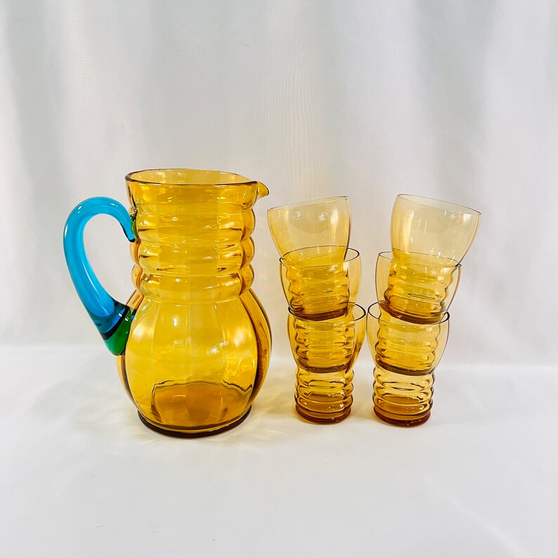 Antique Pitcher and Glasses Set, 7 Pieces Total, Beautiful Amber Gold Pitcher with Turquoise Handle, Ripple Design on Pitcher and Glasses image 2
