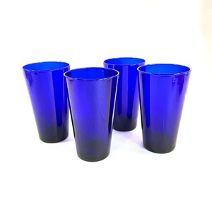 Set of 4 Large 16 oz. Cobalt Blue Glass Tumblers, Heavy Nice Deep Blue Large Tumblers, Vintage Cobalt Blue Glassware