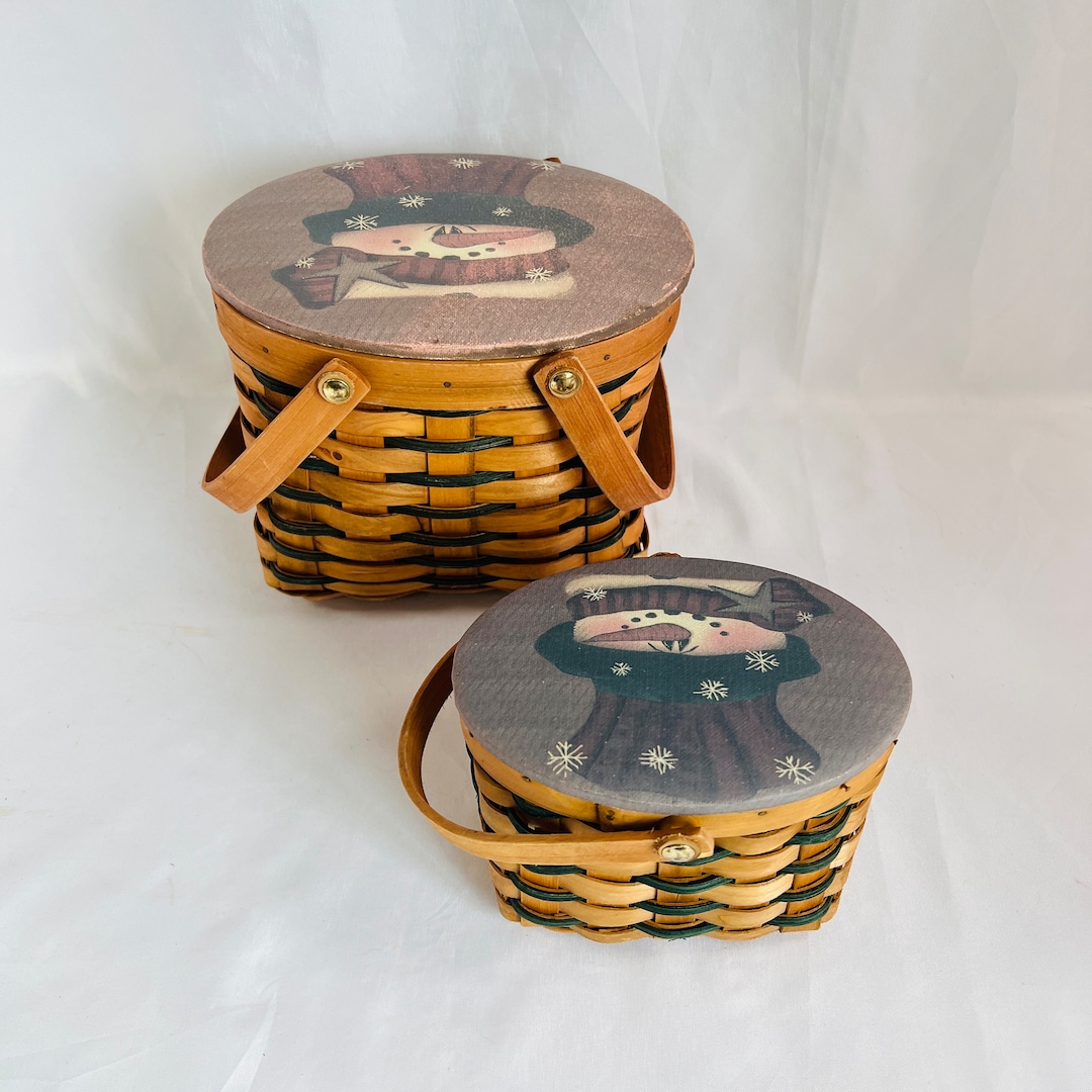 2 Vintage Baskets With Handles and Snowman Image Lids Etsy