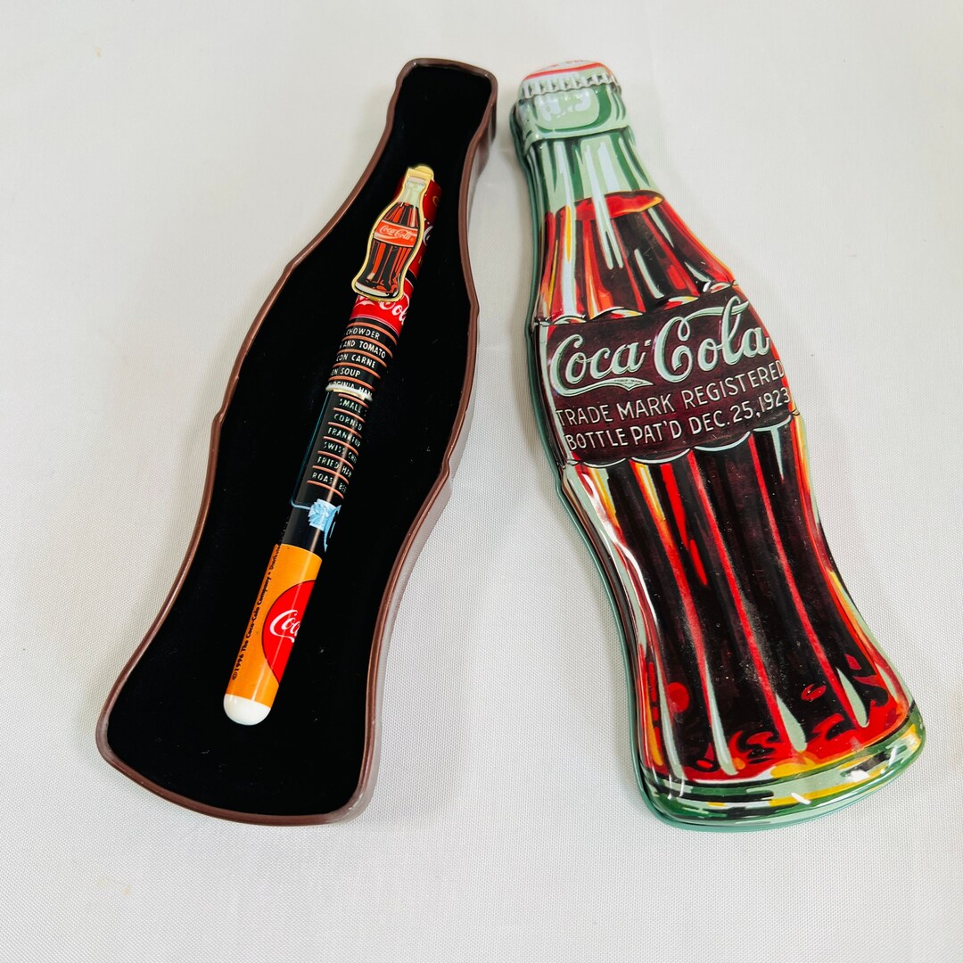 1996 Coca Cola Collectible Pen in Tin Case, Coke Bottle Shaped Tin With