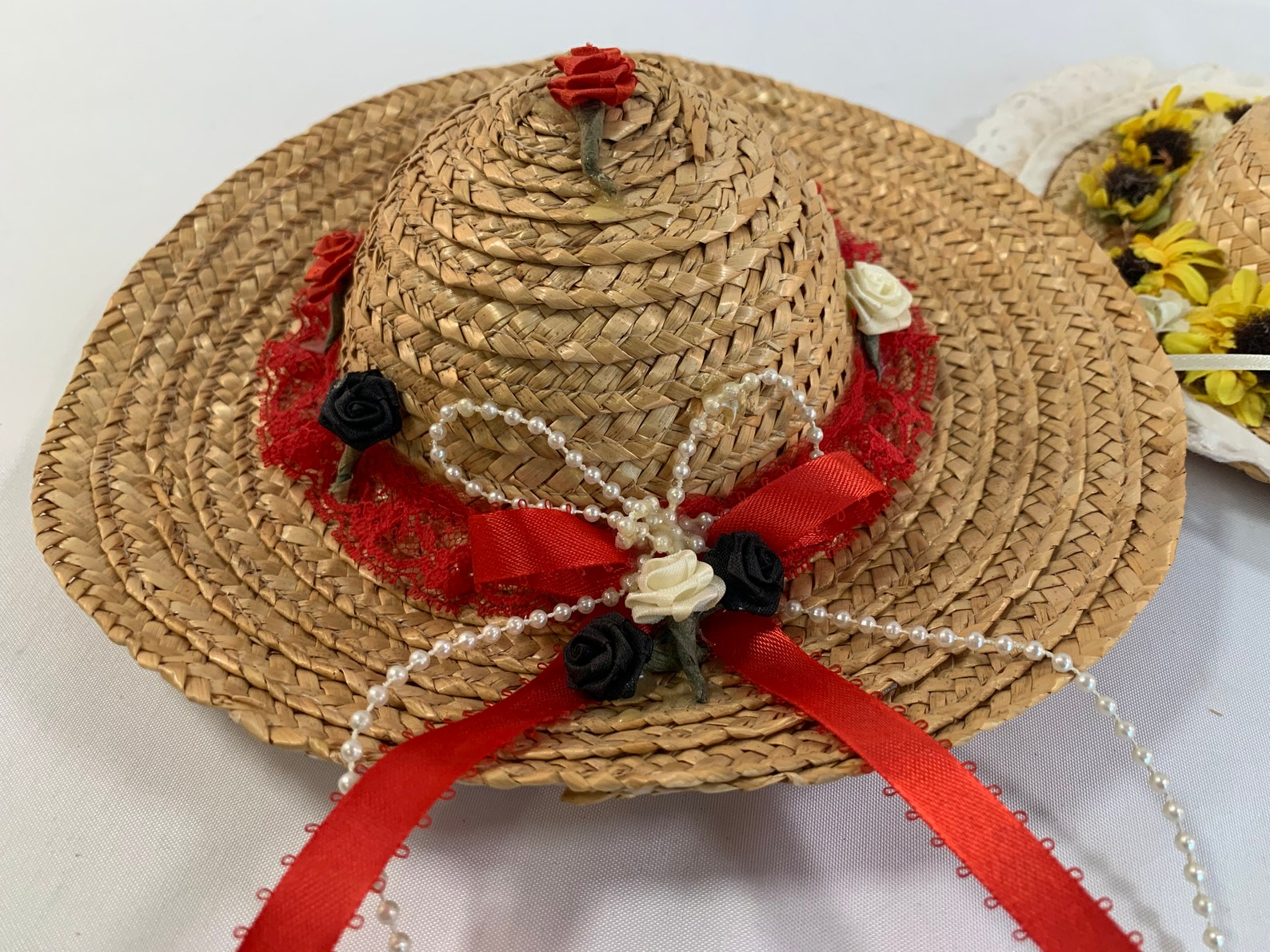 Set of 3 Decorated Straw Doll Hats Large Rim Adorable Little Etsy