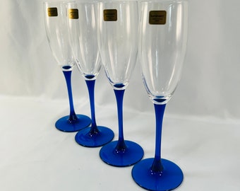 4 New/Vintage Luminarc France Cobalt Blue Stem Champagne Glasses, Holds 6 oz., Beautiful Blue Stemmed Glasses, Luminarc Blue Stem Glass