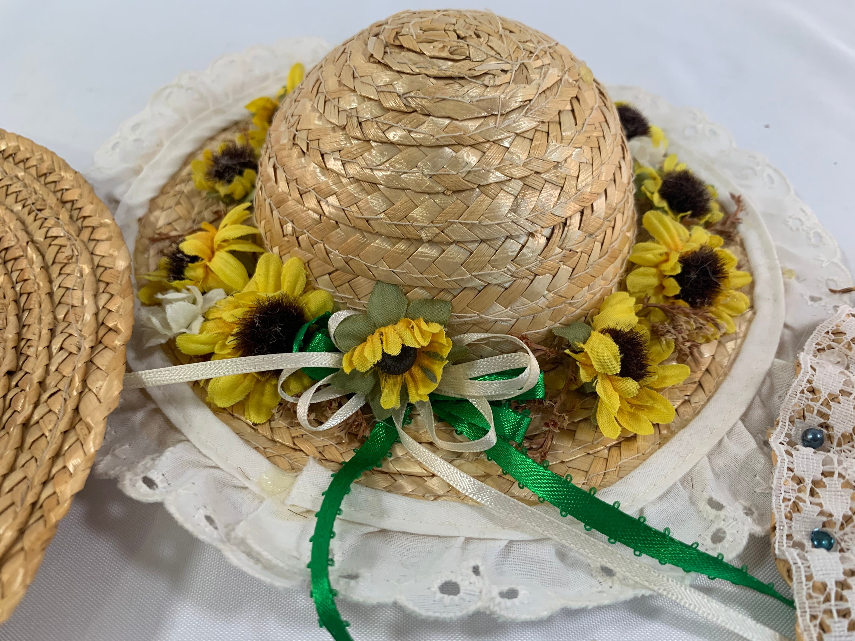 Set of 3 Decorated Straw Doll Hats Large Rim Adorable Little Etsy