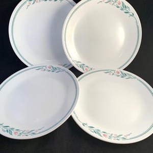 4 Dinner Plates Corelle Rosemarie Pattern, 10-1/4&quot;, Great Condition, Vintage Corelle Dinner Plates, Double Stripe and Floral design