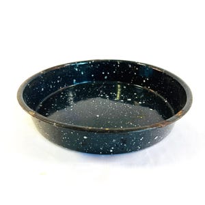 Enamelware Pan 9&quot; Across, Black with White Speckles, Metal Pan, Speckled Cake Pan, Camping, Decoration, Put into Use, Retro Pan