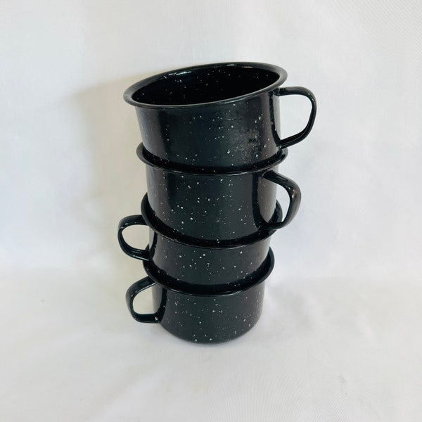 Set of 4 Enamelware Cups, Black with White Speckled, Camping Metal Mugs, Enamelware Coffee Cups in Good Rustic Condition, Enamelware Metal