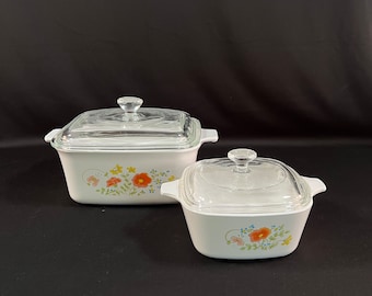 2 Sets of Corning Ware Wildflower Design Dishes, P-4-B Loaf Pan and P-43-B Petite Both With Glass Lids, Good Condition Some Ware Made in USA
