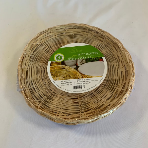Set of 4 New Retro Wicker Bamboo Paper Plate Holders in Sealed Package, Natural Color, 9" Edge to Edge, Holders for 8" Paper Plates