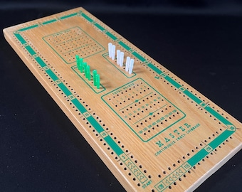 Vintage Master Continuous Track Cribbage Board  Complete with 2 Different Color Pegs, 12 Pegs Total.