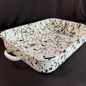 Extra Large Oblong Enamelware Casserole Pan, Heavy Metal Pan, Unique Black and White Design, Double Handles