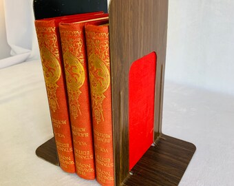 A Set of Tall Vintage Metal Bookends, Faux Wood Design, Retro Metal Thin Bookends