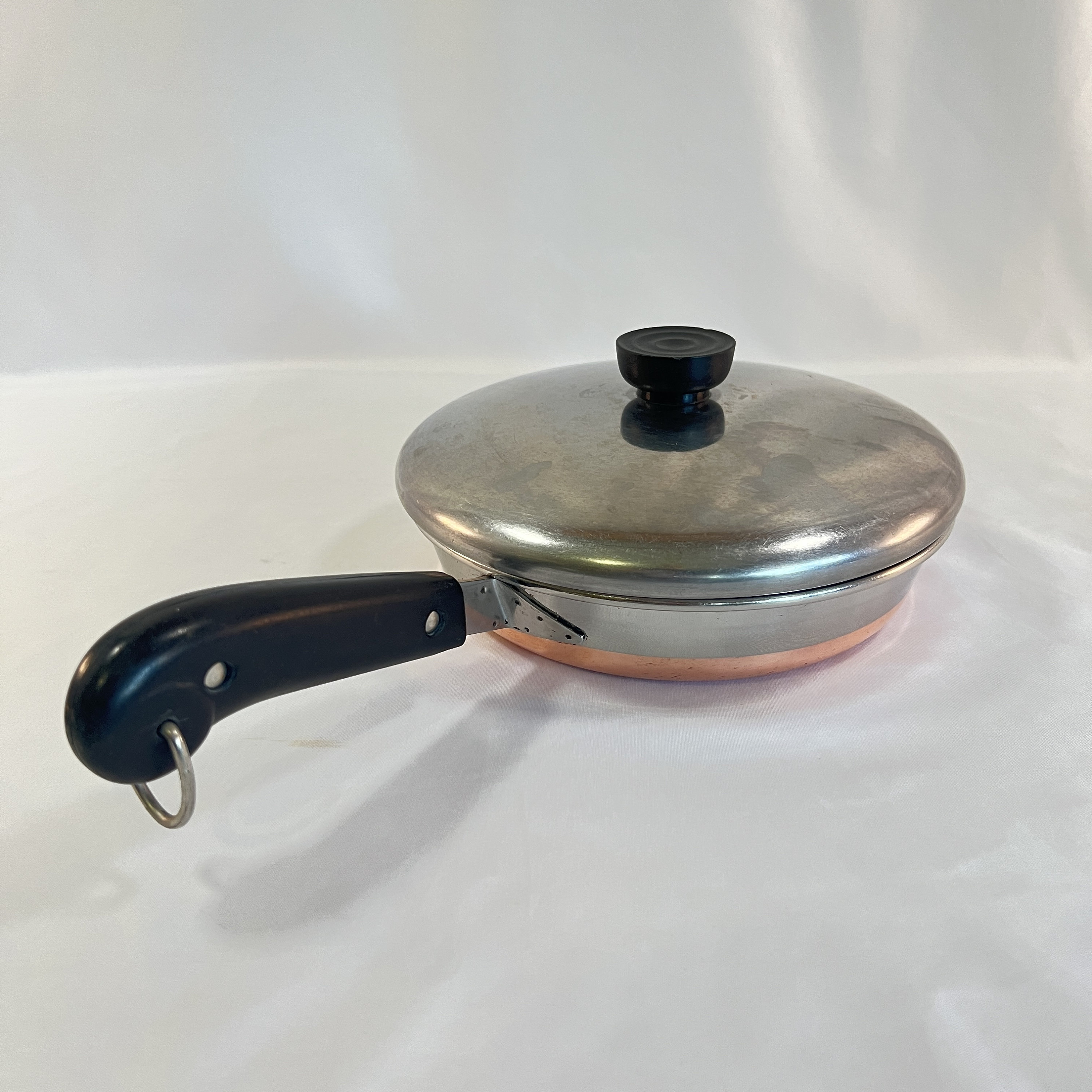 vintage copper bottom Revere Ware sauce pans, tiny one cup toy kitchen size  working cookware