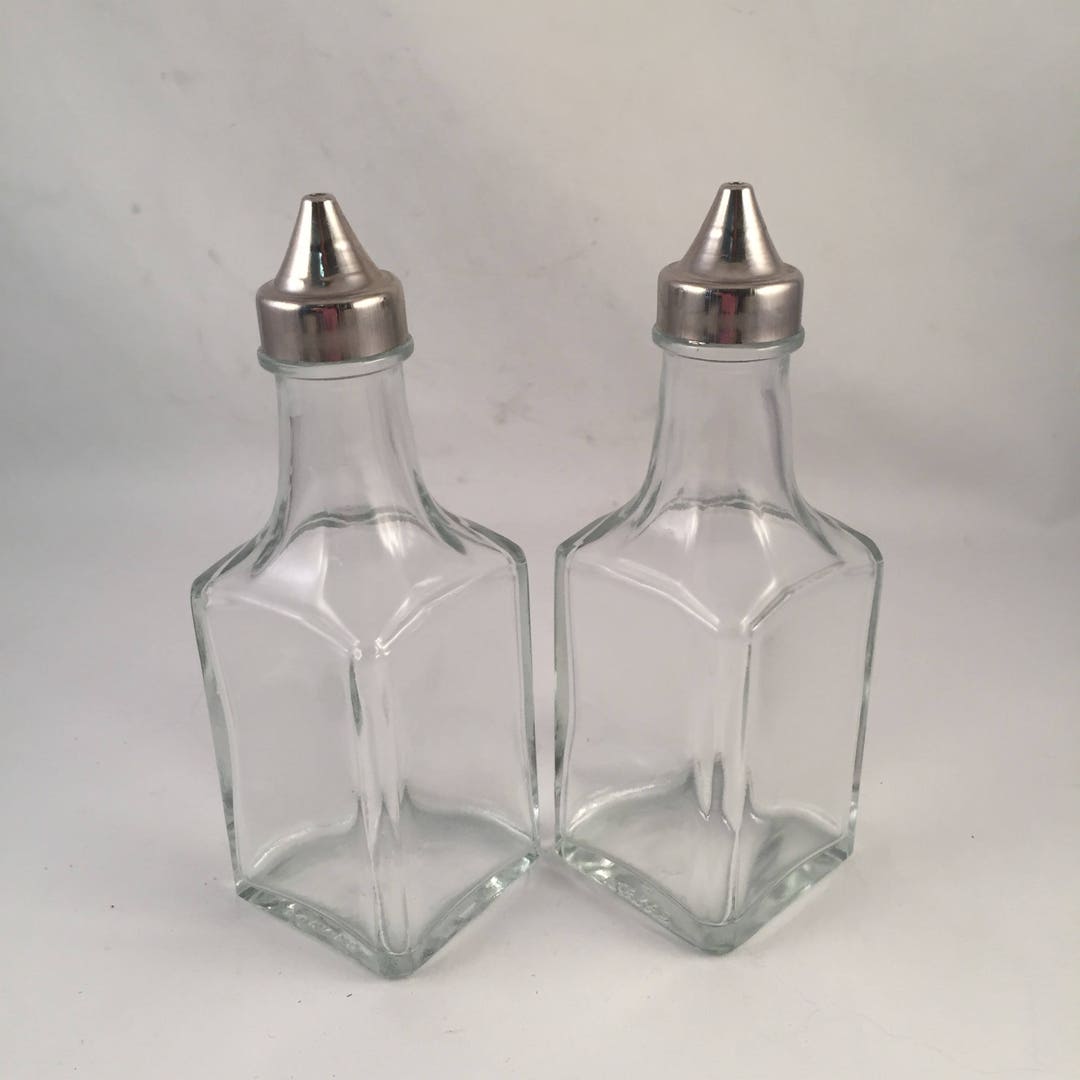 Set of 2 Oil and Vinegar/salad Dressing Cruets, Glass With Metal Lid