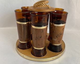 REDUCED Unique Siesta Ware Dark Amber Glasses with Tiki Wrap, Double Brass Bands, Set of 6 Set in Wood Stand, Western Design, Holds 10 oz.