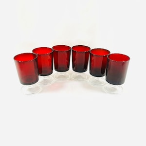 8 oz. Set of 6 Ruby Red Luminarc Cavalier Wine Goblets with Clear Glass Base, Holds 8 oz. Ruby Red Arcoroc Glasses, Great Condition