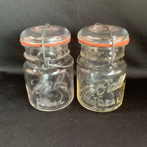 2 Vintage Ball Clamp Lid Mason Jars With Glass Lids, Original Ball