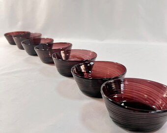 7 Handblown Amethyst Swirl Glass Dessert Bowls, Each Bowl is Uniquely Different, a Beautiful Set, 4" Wide X 1-3/4" Deep.