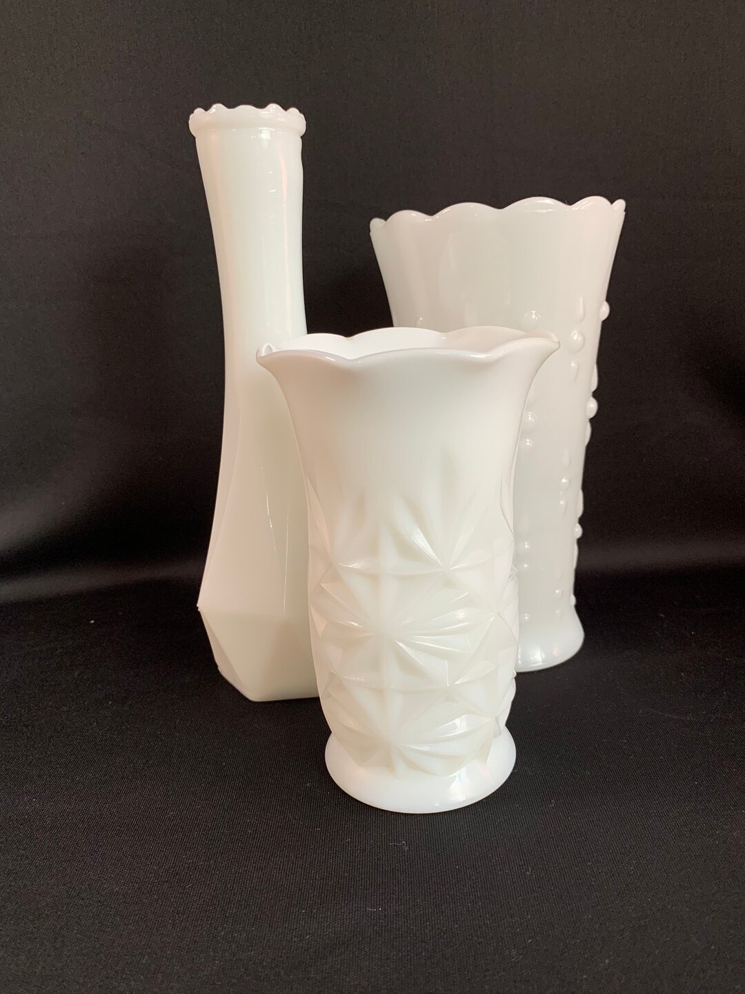 A Set of 3 Vintage Milk Glass Flower Vases, Mixed Variety of Milk Glass Vases, Vintage 1970's