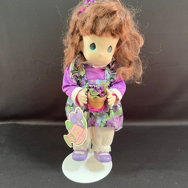 Violet Precious Moments Garden of Friends Doll, February #1456 Complete with Doll Stand,