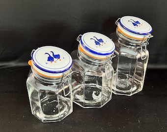 3 Italian Glass Jars with Goose Design on White Ceramic Clamp Lids, Hexagon Glass Canister Set All In Good Used Condition, See All Photo's