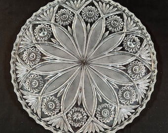 Ornate Large Heavy 12" Glass Platter, Serving, 3 Small Knob Glass Legs and Ruffled Lip Edging