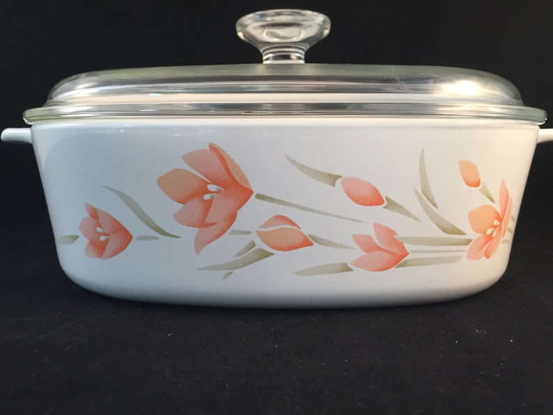 A-2-B2 Liter 2 Liter Peach Blossom Corning Ware Casserole Dish with Clear Glass Lid Baking Dish Vintage Floral Corning Ware Casserole