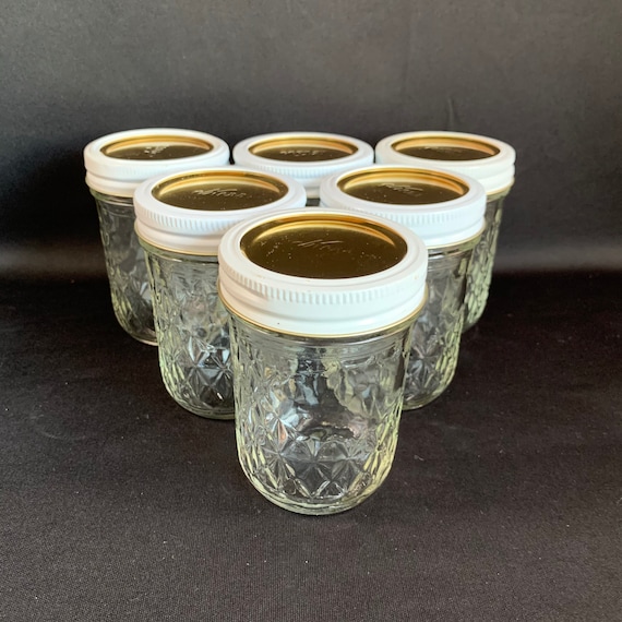 Set of 6 Quilted Crystal Canning Jars With Label Window and Kerr Lids,  Holds 8 Oz. Great for Gifting Homemade Goods During Holiday Season 