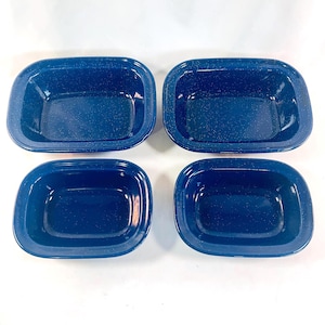 Set of 4 Oblong Enamelware Casserole Pans, Heavy Metal Pan, Blue with White Speckles, Camping, 2 Sizes 2 each