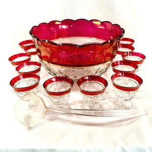 Indian Glass Beautiful 14 Piece Punch Bowl Set, Kings Crown Large Deep Bowl with 12 Matching Cups and Ladle, Beautiful Complete Set.