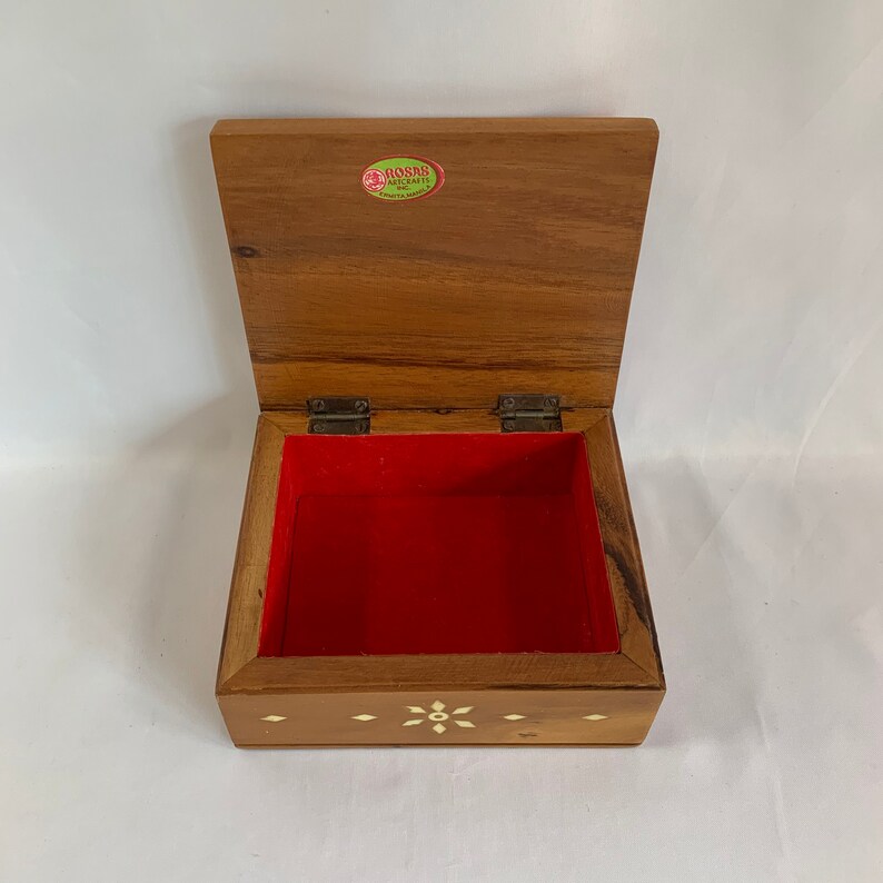 Vintage Wood Hinge Box with Mother of Pearl Inlay Design Throughout Manila Red Lined Vintage Box by Rosas Artcrafts Inc Ermita