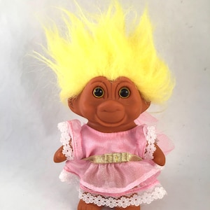 Vintage 1991 TNT Party Dress Troll Doll, Yellow Hair, Pink Party Dress, Retro Troll Doll, Classic Vintage Troll Doll
