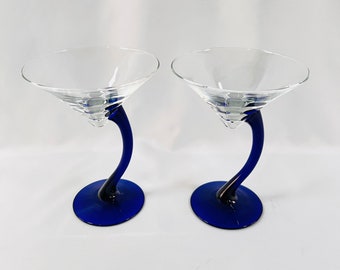 Set of 2 Unique Design Martini Glasses, Curved Blue Stems, Mad Men Style Martini Glasses Holds 4 oz., Beautiful Designed Martini Glasses