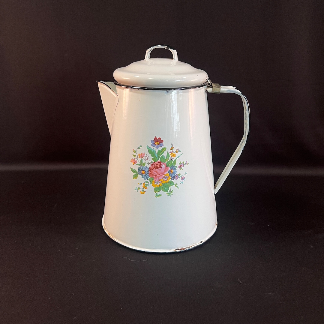 Vintage White Enamelware Coffee Pot With Floral Design on Both Etsy