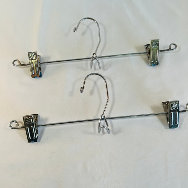 Set of 2 Vintage Skirt/Pant Hangers with Metal Bar and Clips, Shiny Finish a Great Retro Look, Center Hook for Belt