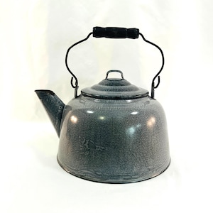 May include: A gray enamel tea kettle with a black handle and lid. The kettle has a speckled finish.